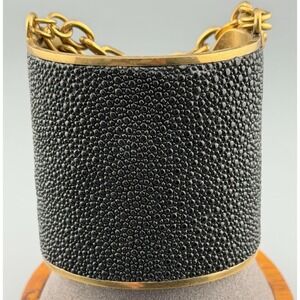 Vintage Bracelet Cuff Black Pebble Enamel Biker Chain Paige Novick Gold Plate